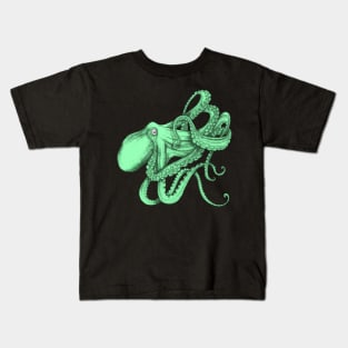 Octopus, green, on black. A tangle of tentacles. Kids T-Shirt